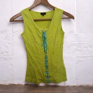 Vintage Lime Green Tank Top with Blue Lace-Up Detail punk goth y2k S